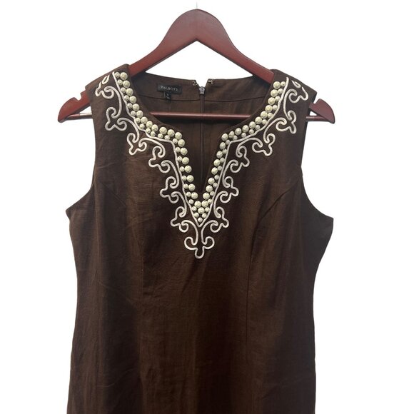 Talbots NWT Brown Linen with White Embroidery Sleeveless Shift Dress - Picture 3 of 8